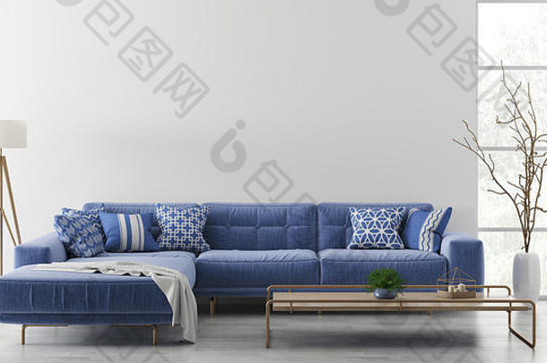 现代室内生活房间蓝色的角落里沙发咖啡表格地板上灯呈现
