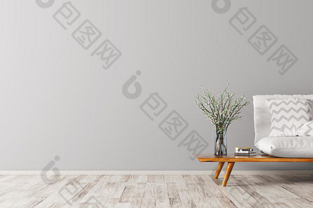 室内生活房间白色沙发斯堪的那维亚风格呈现