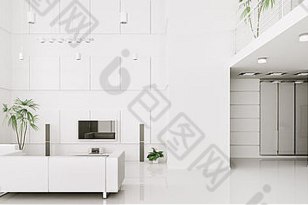 室内设计现代白色公寓全景渲染