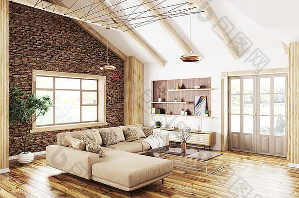 现代室内设计房子生活房间米色沙发呈现