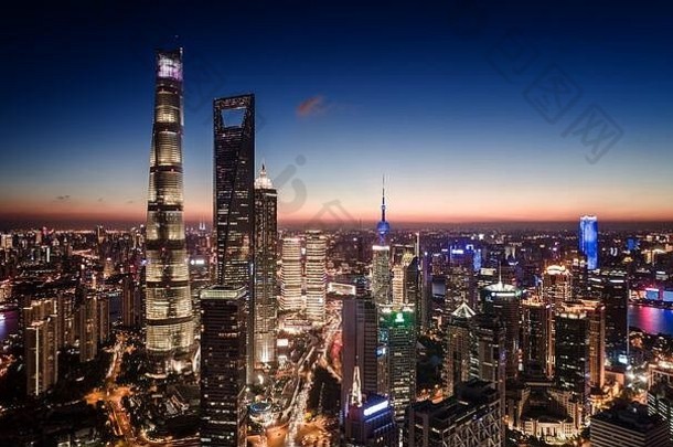 空中视图lujiazui上海日落