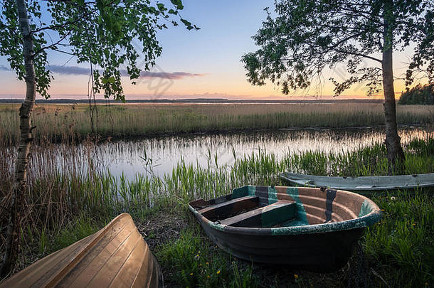 风景优美的景观划艇和平夏天晚上hyvinkaa芬兰