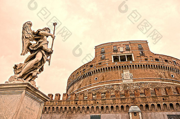 城堡桑特angelo贝尔尼尼的雕像日落罗马意大利
