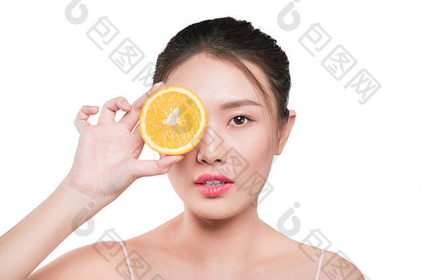 美丽的年轻的亚洲女人橙色片封面眼睛
