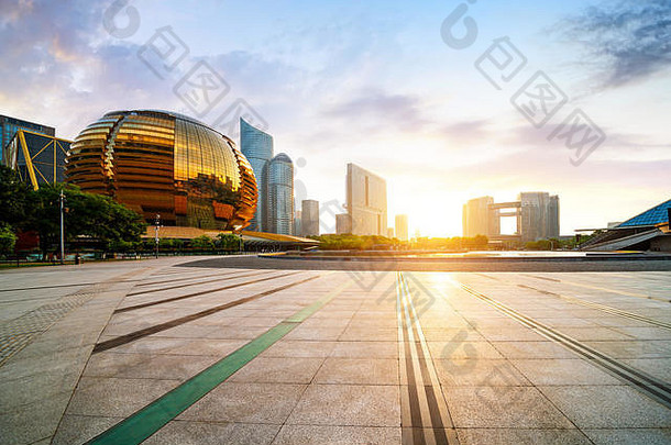 城市景观天际线杭州城市云天空视图大理石地板上