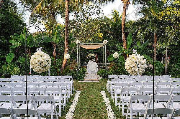花花束玫瑰前面行椅子婚礼仪式