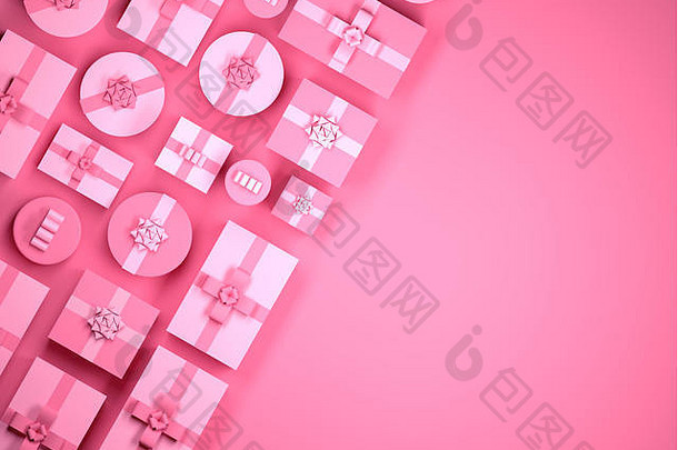 粉红色的行包装圣诞节礼物前视图边境设计插图
