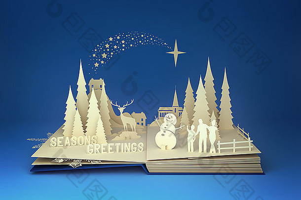 弹出书圣诞节故事风格弹出书chrsitmas主题包括家庭建筑雪人冬天森林