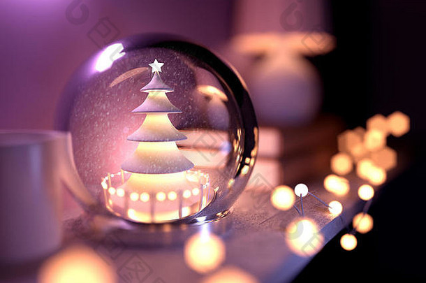 圣诞节树雪全球前壁炉架子上包围仙女灯插图