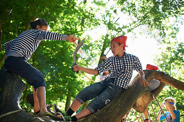 年轻的男孩穿着海盗玩树