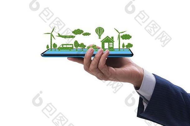 手持有平板电脑迷你生态系统清洁能源