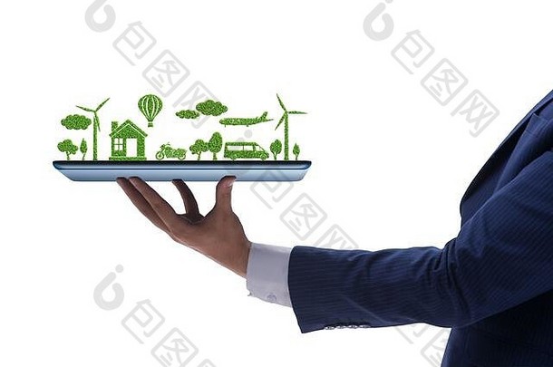 手持有平板电脑迷你生态系统清洁能源