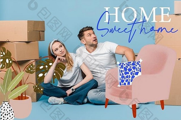 梦幻夫妇坐着纸板盒子搬迁蓝色的首页甜蜜的首页插图