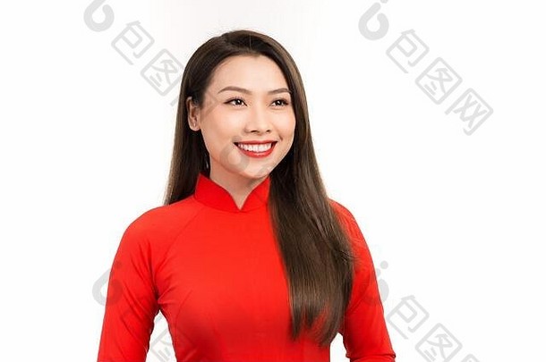 快乐中国人一年美丽的亚洲女人穿红色的越南传统的衣服经典古董风格微笑