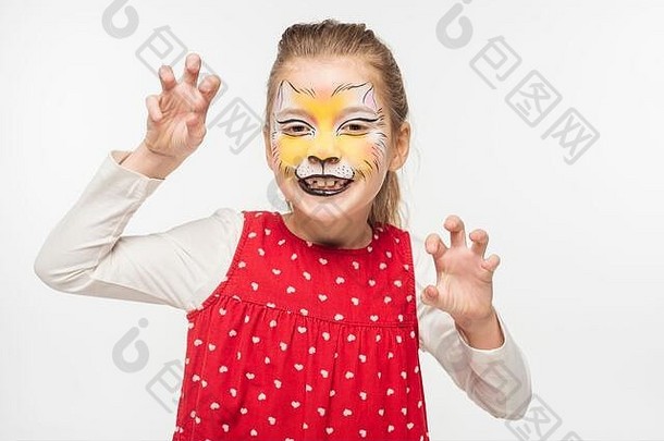 可爱的孩子老虎动物的鼻口绘画脸显示可怕的手势相机孤立的白色