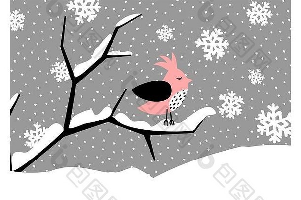 圣诞节问候卡设计可爱的红色的鸟分支覆盖雪现代冬天季节明信片宣传册墙
