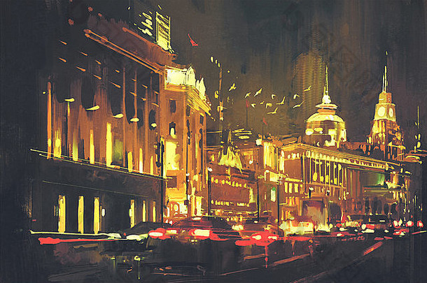 绘画城市街色彩斑斓的光上海履行。晚上