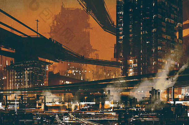 sci场景显示未来主义的工业城市景观插图