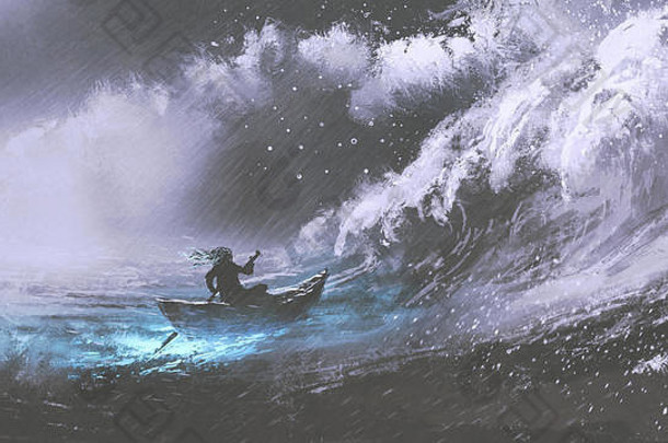 男人。划船魔法船狂风暴雨的海流氓波数字艺术风格插图绘画