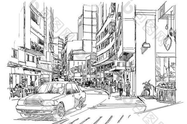 草图城市街城市景观插图画