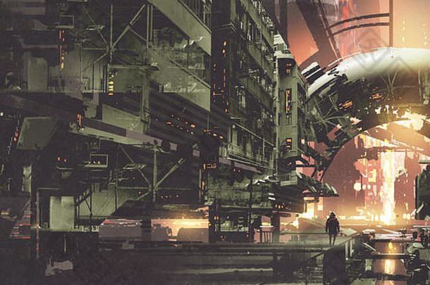 科幻风景赛博朋克城市未来主义的建筑数字艺术风格插图绘画