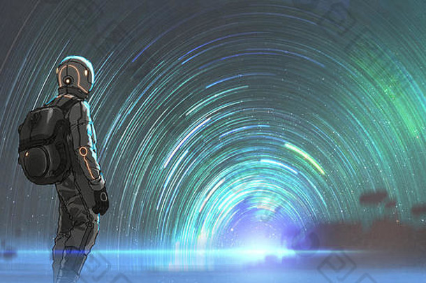 科学小说场景宇航员站前面布满星星的隧道入口数字艺术风格插图绘画