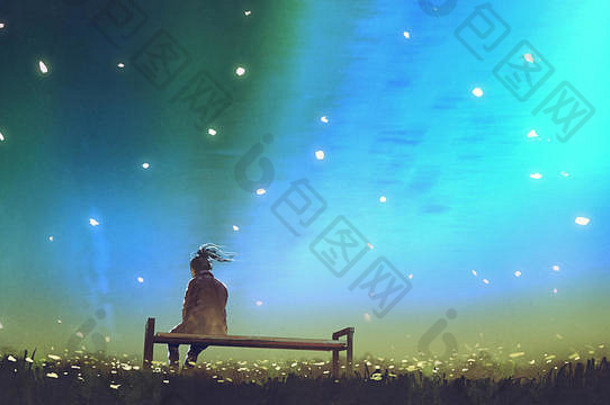 年轻的女人坐着板凳上美丽的天空数字艺术风格插图绘画