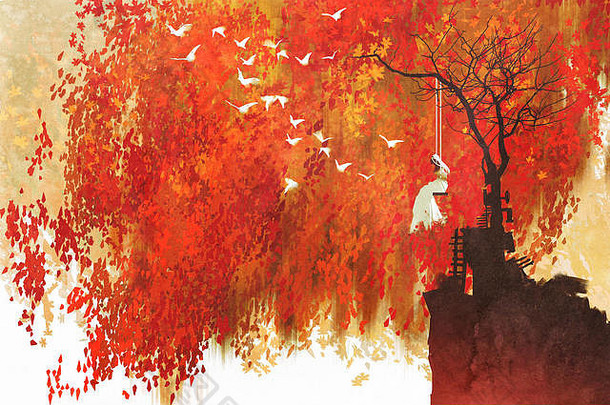 女人摇摆不定的秋天树插图绘画