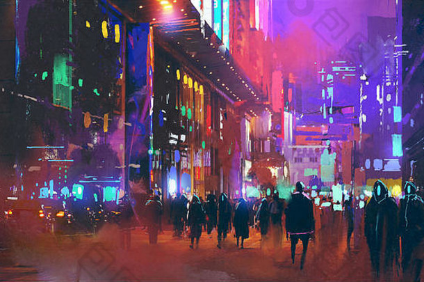 人走科幻城市晚上色彩斑斓的光插图绘画