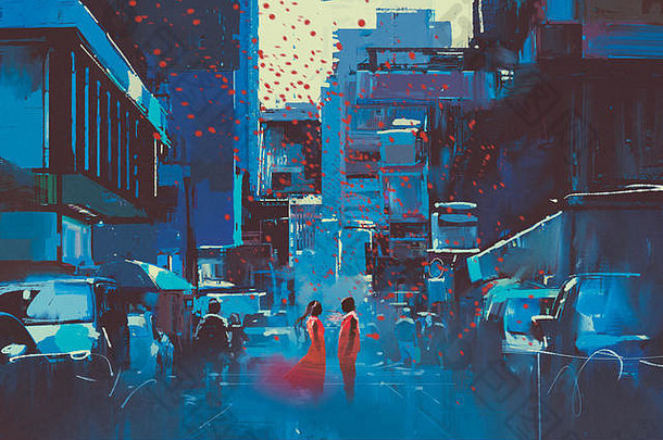 男人。女人红色的站蓝色的城市数字艺术风格插图绘画
