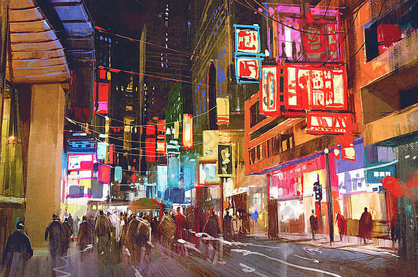 色彩斑斓的绘画人走城市街晚上城市景观插图