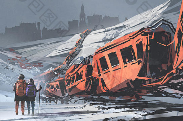 徒步旅行者走火车破坏了雪山数字艺术风格插图绘画