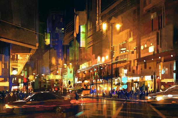 城市街晚上色彩斑斓的灯插图数字绘画