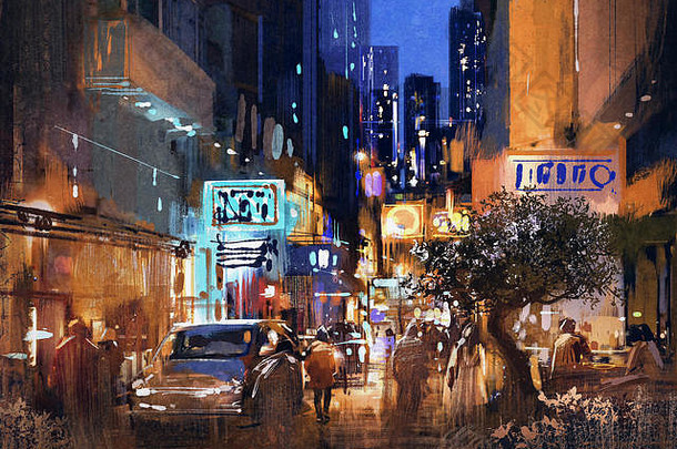 色彩斑斓的绘画晚上街城市景观插图