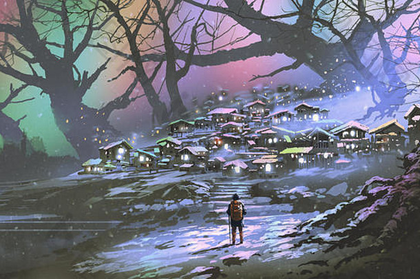晚上风景雪村色彩斑斓的大气数字艺术风格插图绘画