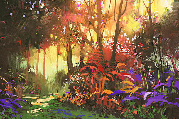 景观绘画美丽的森林阳光插图