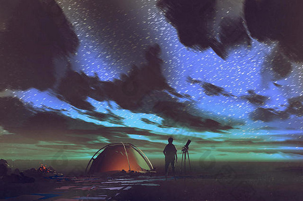 男人。望远镜站帐篷天空晚上插图绘画