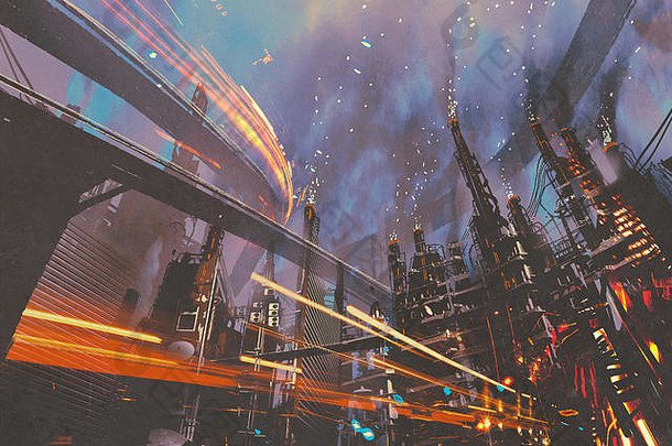 科幻风景未来主义的城市工业建筑插图绘画