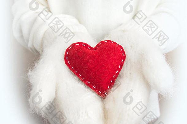 女手羊毛白色连指手套红色的心关闭