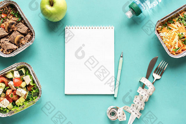 营养饮食计划平躺笔记本水水果健康的餐测量磁带健身营养健康的生活方式饮食概念的客人