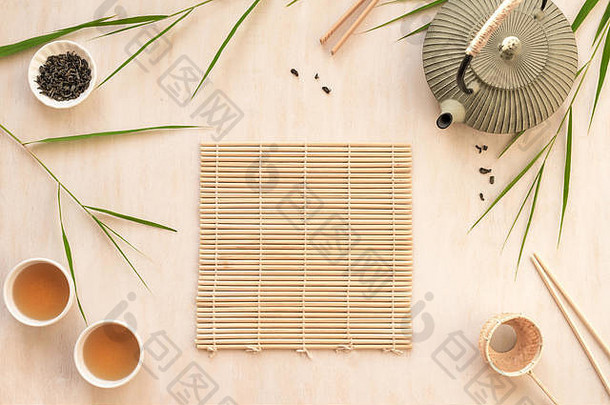 亚洲食物背景茶集碗筷子竹子叶子光木背景亚洲菜单设计中国人日本厨房re