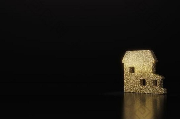 黄金闪闪发光的象征别墅阳台呈现黑暗黑色的背景模糊反射闪光