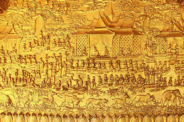 黄金雕刻墙寺庙銮prabang老挝