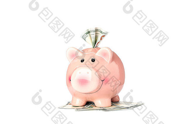 快乐小猪银行钱孤立的白色背景金融储蓄钱