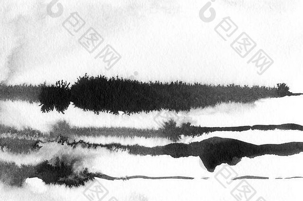 摘要景观墨水手画插图黑色的白色墨水冬天景观河简约手画