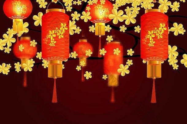 红色的中国人灯笼挂公园圆柱形状模式背景黄色的樱桃插图