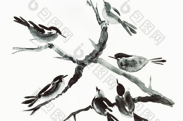 培训画澄江水波谷风格水彩油漆鸟树手画奶油纸