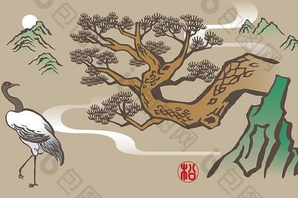 优雅的中国人墨水刷风格松树画
