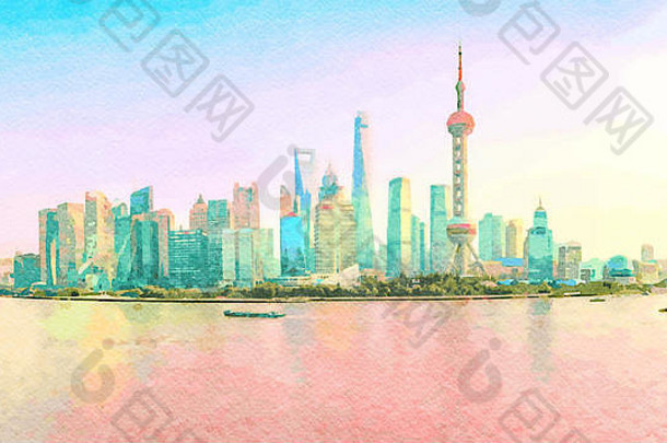 水颜色天际线城市上海日落