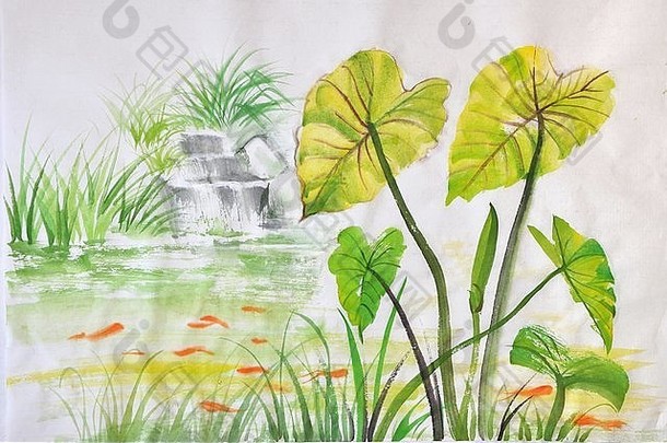 水彩绘画绿色莲花叶子池塘红色的鱼亚洲风格原始艺术